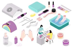 Manicure salon 3d isometric mega set in isometry graphic design. Collection elements of lamp, scissors, brush, towel, nail polish, color samples, hands, manicurist, other tools. illustration. vector