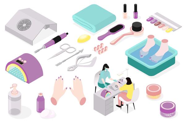Manicure salon 3d isometric mega set in isometry graphic design. Collection elements of lamp, scissors, brush, towel, nail polish, color samples, hands, manicurist, other tools. illustration.