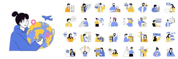 Travel concept mega set with character scenes in flat design for web. Bundle situations with people go in vacation, travelling in global journey, booking tickets, planning trip. illustrations. vector