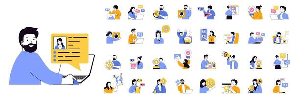 Social network concept mega set with character scenes in flat design for web. Bundle situations with people chatting online with friend, posting new photos, making live streams. illustrations. vector
