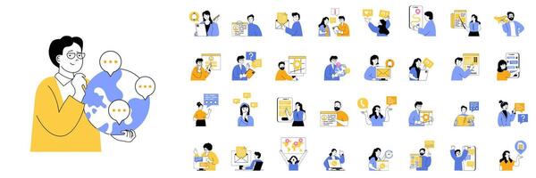 Contact us concept mega set with character scenes in flat design for web. Bundle situations with people answering calls, chatting with clients, supporting and solving problems. illustrations. vector
