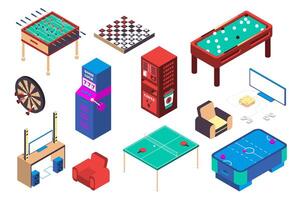 Recreation room 3d isometric mega set in isometry graphic design. Collection elements of table football, checkers, billiards, slot machine, darts, tennis, game console, other. illustration. vector