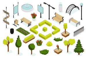 City park constructor 3d isometric mega set in isometry graphic design. Collection elements of fountain, road pointing, banner, benches, trash can, trees, plants, fences, other. illustration. vector