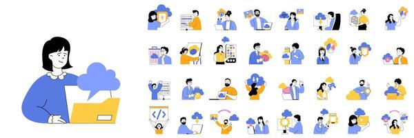 Cloud computing concept mega set with character scenes in flat design for web. Bundle situations with people doing online sync, working with digital files, using cloud storage. illustrations. vector