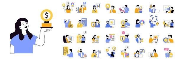 Business concept mega set with character scenes in flat design for web. Bundle situations with people achieving financial goals, making data analysis, managing work processes. illustrations. vector