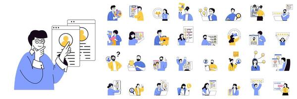 Recruitment concept mega set with character scenes in flat design for web. Bundle situations with people find staff, searching best cv online, interviewing candidates and hiring. illustrations. vector
