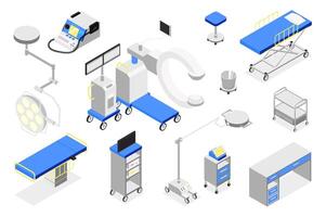 Operating room 3d isometric mega set in isometry graphic design. Collection elements of couch, lamp, monitoring system, tables, stretcher, x-ray, surgery equipment, other tools. illustration. vector
