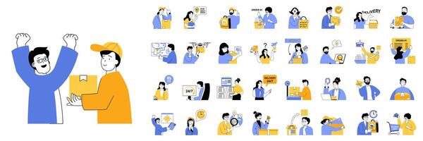Delivery concept mega set with character scenes in flat design for web. Bundle situations with people get parcel box from courier, ordering shipping gifts, using food delivering. illustrations. vector