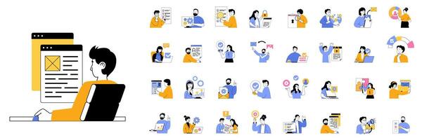 Marketing and development concept mega set with character scenes in flat design for web. Bundle situations with people creating promotion strategy, target, starting advertising. illustrations. vector