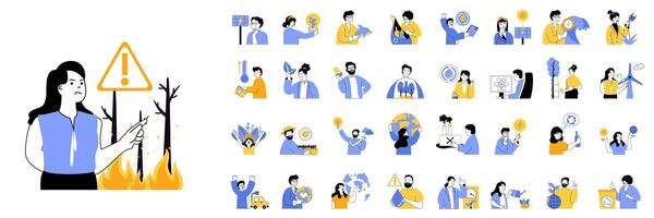Ecology concept mega set with character scenes in flat design for web. Bundle situations with people stop forest fires, climate changes, using alternative energy, sorting waste. illustrations. vector