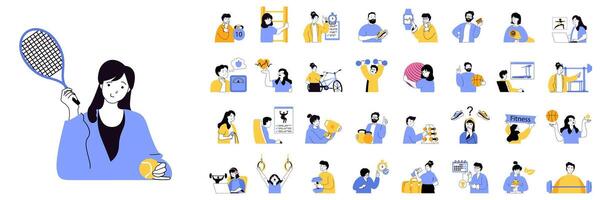 Fitness concept mega set with character scenes in flat design for web. Bundle situations with people playing tennis, doing training, exercising with gym ball, lifting barbell. illustrations. vector