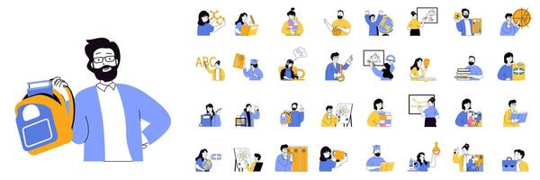 School learning concept mega set with character scenes in flat design for web. Bundle situations with people studying and teaching, reading books, answering at lessons and tests. illustrations. vector