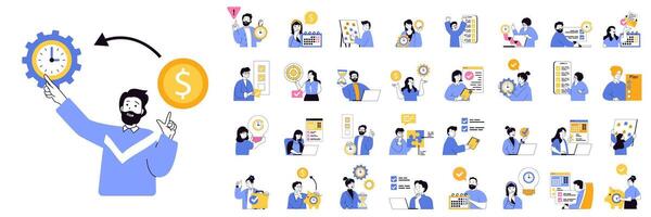 Time management concept mega set with character scenes in flat design for web. Bundle situations with people manage schedule with clock, plan tasks in calendar, work to deadline. illustrations. vector