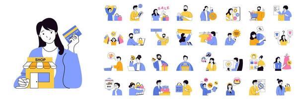 Shopping concept mega set with character scenes in flat design for web. Bundle situations with people choosing new clothes, making purchases, paying credit card, get discounts. illustrations. vector