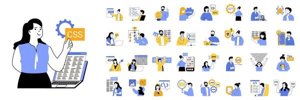 Programming concept mega set with character scenes in flat design for web. Bundle situations with people coding on computer or laptop, creating algorithms, developing programs. illustrations. vector
