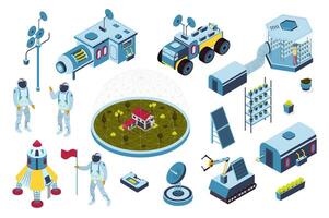Space colonization 3d isometric mega set in isometry graphic design. Collection elements of astronauts, research science station, rockets, satellites, robot rover, bunker, other. illustration. vector