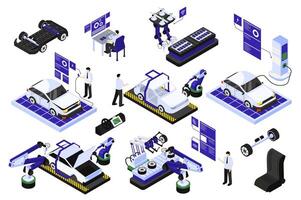 Electric vehicles production 3d isometric mega set in isometry graphic design. Collection elements of robotic arm processing car, assembly lines, wheels, chair, engineers, other. illustration. vector