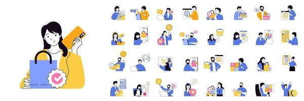 Mobile commerce concept mega set with character scenes in flat design for web. Bundle situations with people make purchases in app, pay online with credit card, ordering product. illustrations. vector