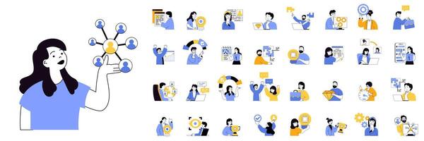 Teamwork concept mega set with character scenes in flat design for web. Bundle situations with people working together at project, supporting colleagues, brainstorming new ideas. illustrations. vector