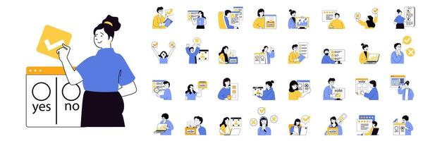 Online voting concept mega set with character scenes in flat design for web. Bundle situations with people choosing in political vote, analyzing politics rating and exit polls. illustrations. vector