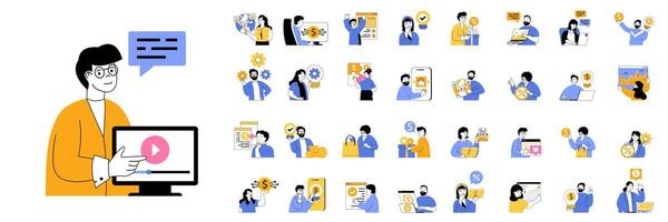 Digital business concept set in flat design for web. Bundle situations with people create content plan, analyzing data, using marketing tools for attracting global clients. illustrations. vector