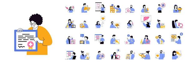 Medical services concept mega set with character scenes in flat design for web. Bundle situations with people using healthcare insurance, making tests, diagnosis and treatment. illustrations. vector
