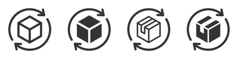 Illustration of four recycling and package return icons with boxes and circular arrows. Perfect for logistics, e-commerce, and sustainability themes. vector