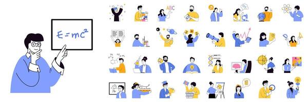 Education concept mega set with character scenes in flat design for web. Bundle situations with people learning science, reading books, getting knowledge, making tests in lab. illustrations. vector