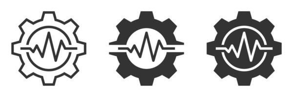Icons of gears with heartbeat lines in outline and filled styles. Ideal for technology, health, engineering, and mechanics themes. vector