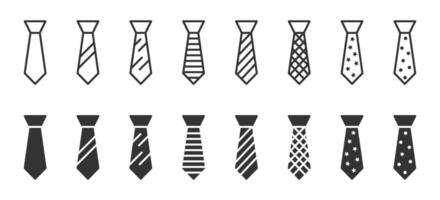 VIcons of neckties with various patterns in outline and filled styles. Perfect for fashion, clothing, and accessory designs. vector