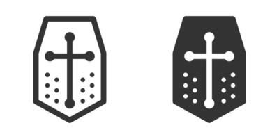 Simple illustration of a crusader helmet with a cross emblem, shown in outline and filled styles. vector