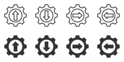 Icons of gears with arrows pointing in different directions, both outline and filled styles. Ideal for navigation, settings, and engineering concepts. vector