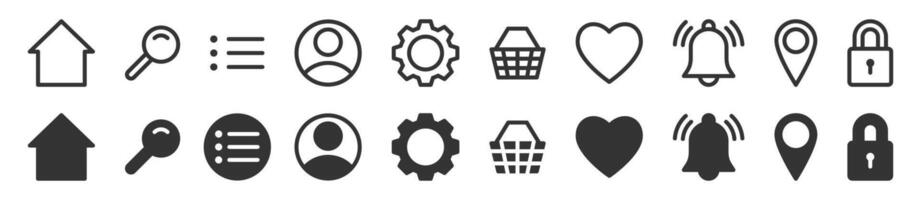 Icons set featuring essential UI elements like home, search, settings, profile, heart, and more. Ideal for web and app design. vector