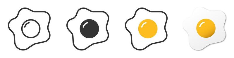 Icons of fried eggs in different styles, including outline and filled. Ideal for food, breakfast, and culinary designs. vector