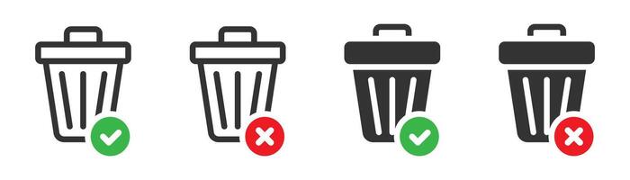 Trash bin icon with check and cross symbols, representing proper waste disposal and recycling. vector