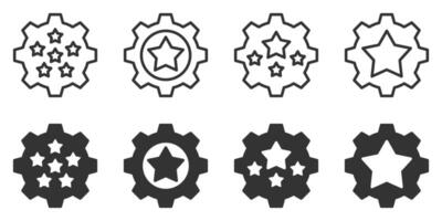 Icons of gears with stars in different patterns, available in outline and filled styles. Perfect for ratings, achievements, and settings. vector