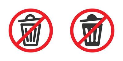 Illustration of no trash icons with a red circle and slash in black and white. vector