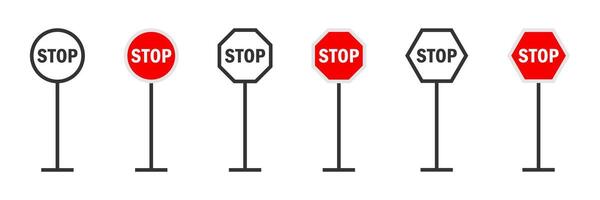 Icons of various Stop signs in different shapes and styles, including round and octagonal. Perfect for road safety, signage, and traffic designs. vector