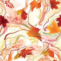 Autumn wavy lines seamless pattern. Autumnal organic texture with flowing wavy shapes and leaves. Beautiful watercolour fall nature background vector