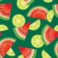 Fruits summer seamless pattern. Fresh watermelon, lime sliced pieces colorful background vector