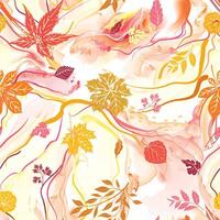 Fall wavy lines seamless pattern. Autumn organic texture with flowing wavy shapes and leaves. Beautiful watercolored background vector