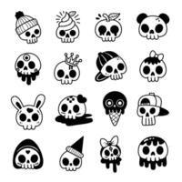 Cute and quirky skull designs collection, graffiti and playful elements, funny halloween characters with spooky cute twist. vector