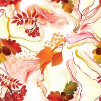 Abstract wavy lines seamless pattern. Autumn organic texture with flowing wavy shapes and leaves. Beautiful watercolored autumnal background vector