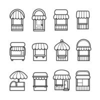 Set of market stall and shopfront illustration, black and white minimalistic line art, simple shapes and design elements. vector