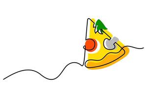 Line art of a pizza slice with pepperoni, herbs, and mushroom, featuring a minimalistic and vibrant design. Ideal for food-related concepts, modern illustrations, and creative projects. vector