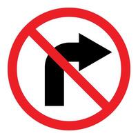 No right turn sign symbol, prohibitory traffic sign, red crossed out circle symbol with arrow pointing to the right silhouette vector