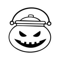 Sinister laughing Halloween potion cauldron illustration in line art style. Graphic monochrome drawing. Hand drawn outline sketch, engraved doodle illustration. For coloring, invitation, decoration. vector