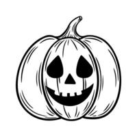 Spooky Halloween pumpkin illustration in line art style. Laughing Jack o lantern graphic monochrome drawing. Hand drawn outline sketch, engraved illustration. For coloring book, invitation, decoration vector