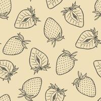 Seamless pattern with strawberry black line art illustration on beige background, hand drawn botanical outline sketch. Monochrome drawing. For digital background, packaging, textile. vector