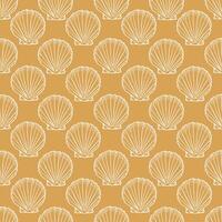 Underwater seamless pattern with seashell line art illustration in white color on yellow background. Scallop sketch, seashell line drawing. Summer beach ocean print for background, textile, fabric vector